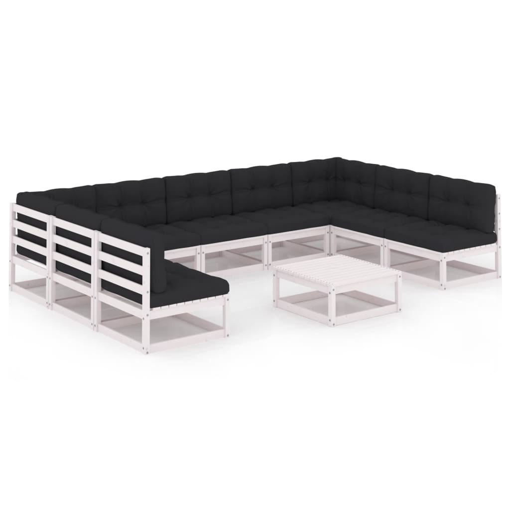 10-tlg. Garten-Lounge-Set mit Kissen Weiss Kiefer Massivholz